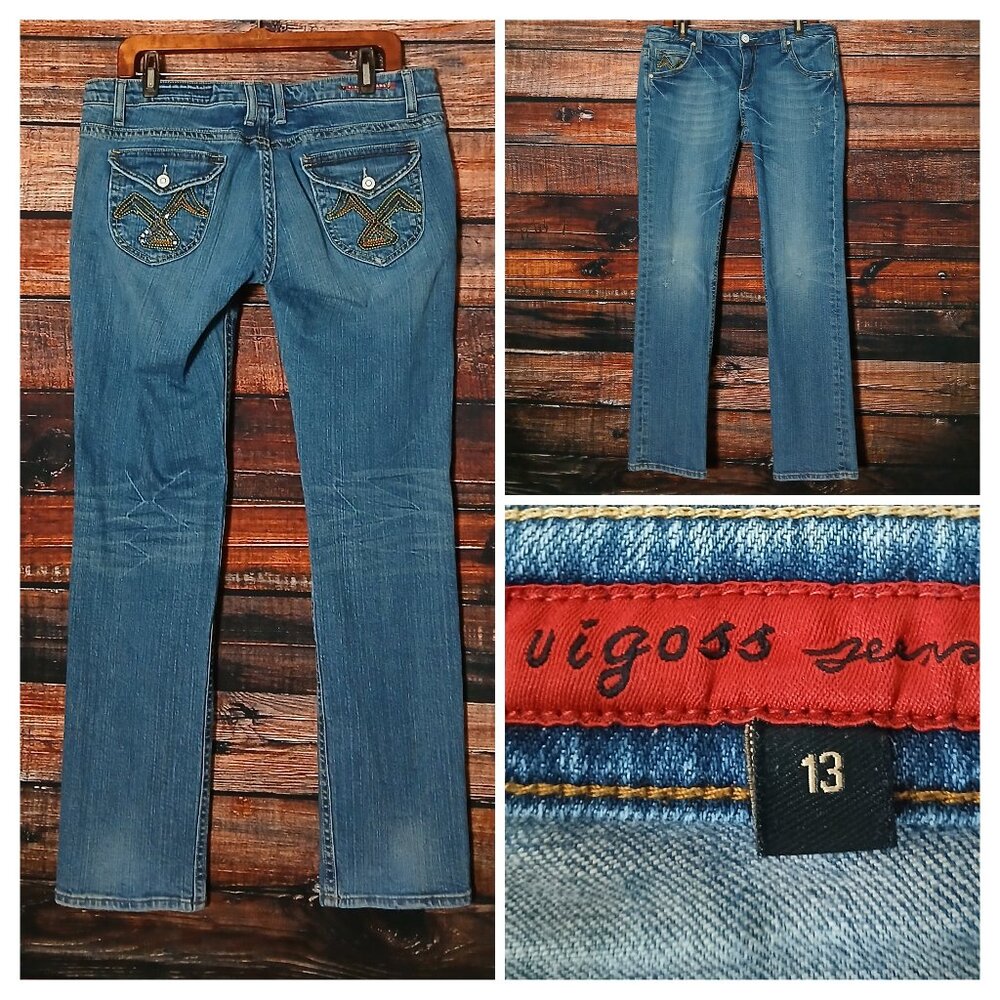 VIGOSS Jeans 13 Y2K Low Rise Straight Sequin Embellished Blue Denim Stretch